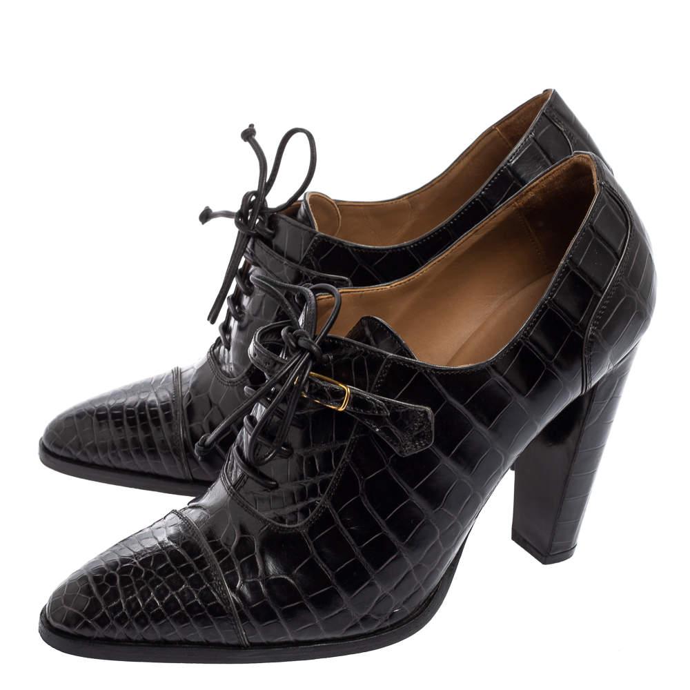 Hermes Black Croc Embossed Leather Lace-Up Oxford Ankle Booties Size 38.5 1
