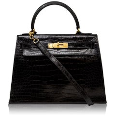 Hermès Black Crocodile 28cm Kelly Sellier Bag