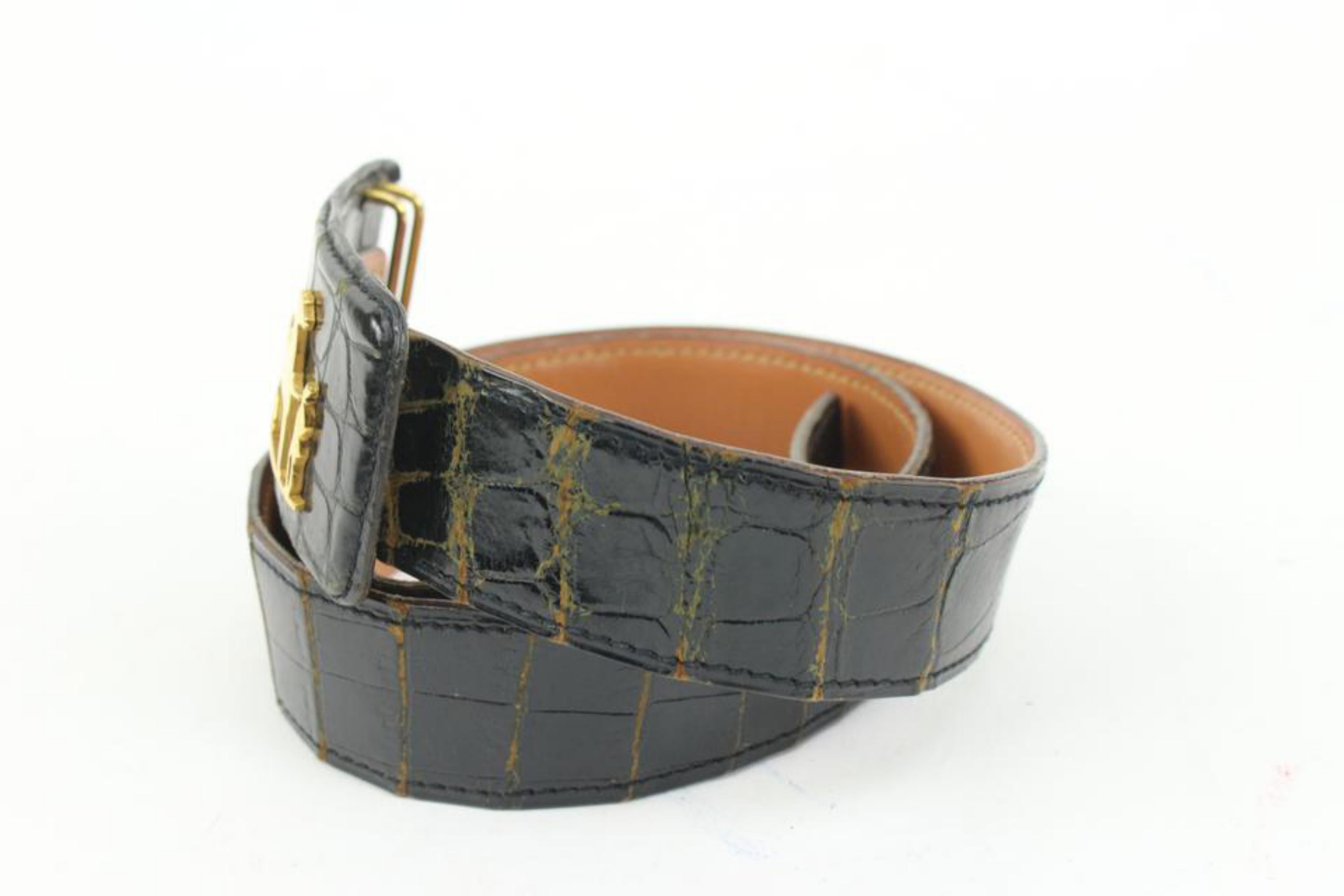 Hermès Black Crocodile Carriage H Logo Belt 84h39s In Fair Condition For Sale In Dix hills, NY