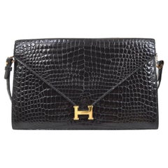 HERMES Black Crocodile Exotic Leather Gold "H" Logo Lydie Shoulder Clutch Bag