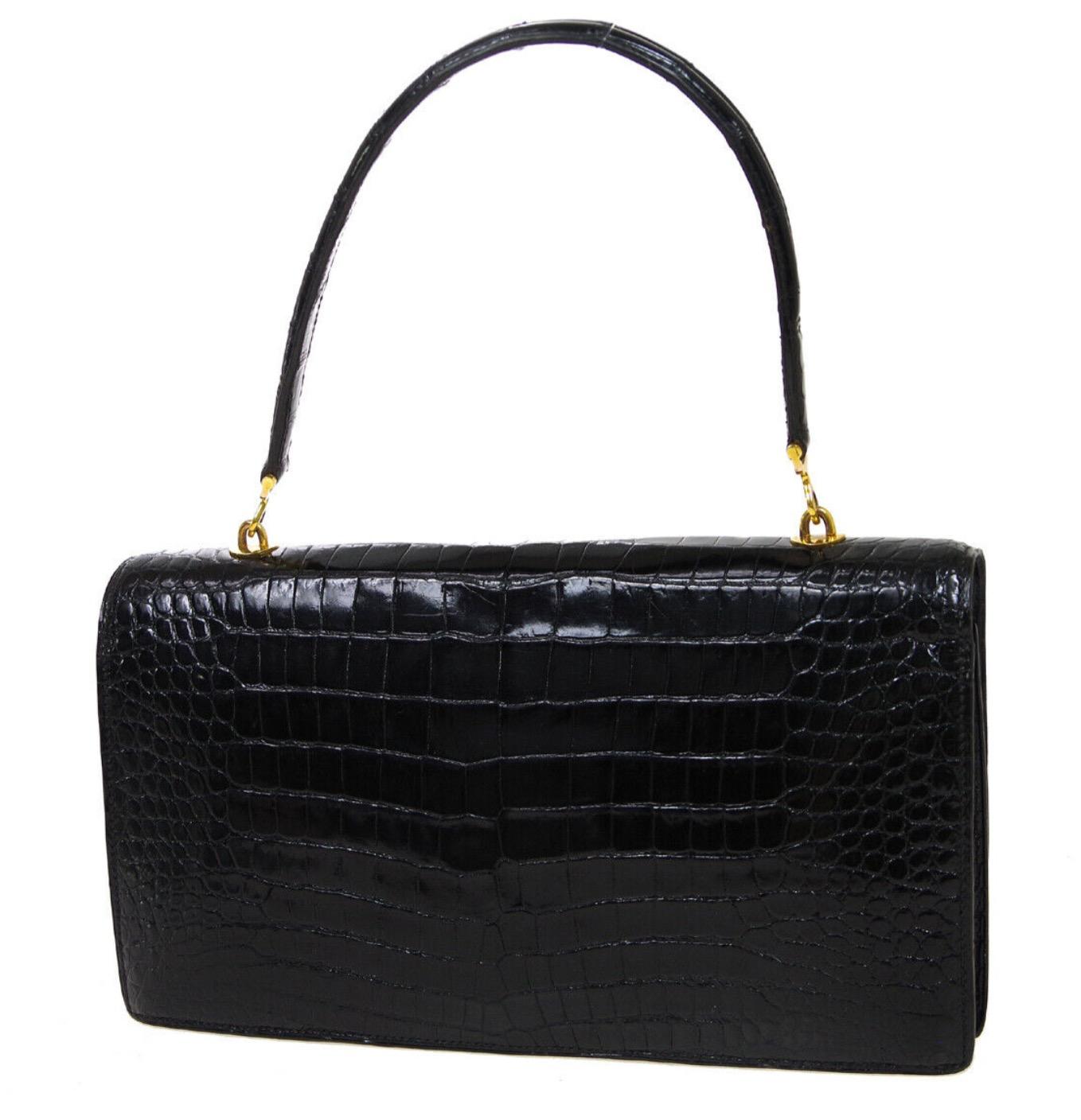 Hermes Black Crocodile Exotic Leather Gold Top Handle Satchel Kelly Flap Bag In Good Condition In Chicago, IL