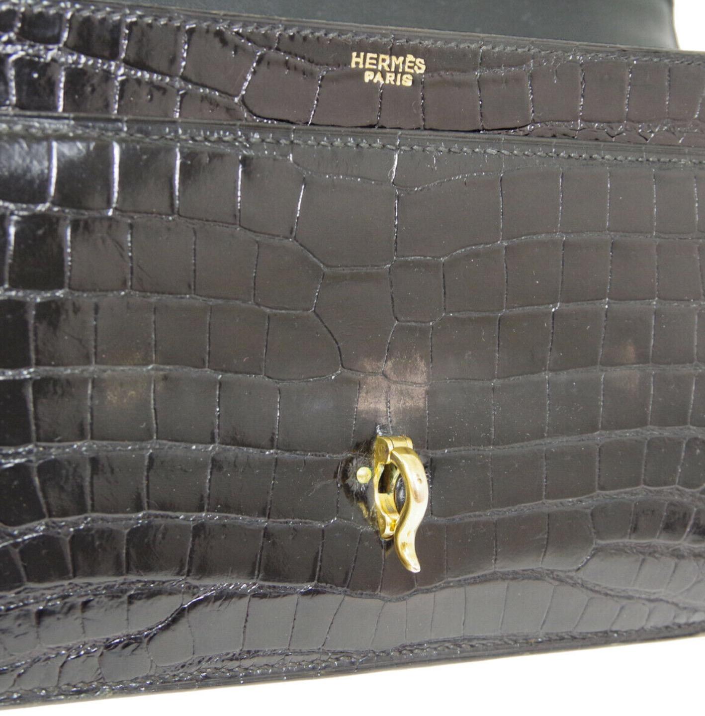 Hermes Black Crocodile Exotic Leather Gold Top Handle Satchel Kelly Flap Bag 3