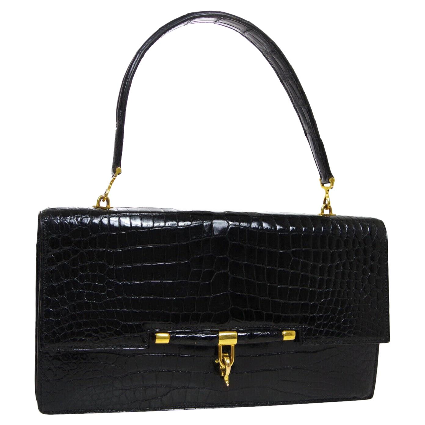 Hermes Black Crocodile Exotic Leather Gold Top Handle Satchel Kelly Flap Bag