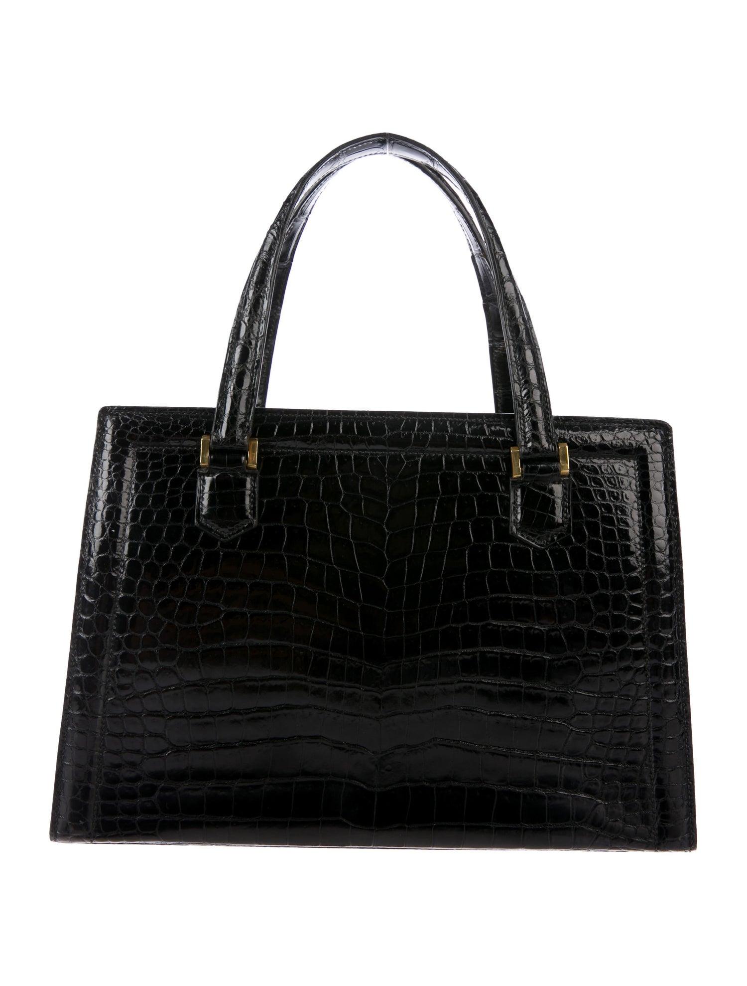 Hermes Black Crocodile Gold Kelly Style Top Handle Satchel Evening Flap Bag In Good Condition In Chicago, IL