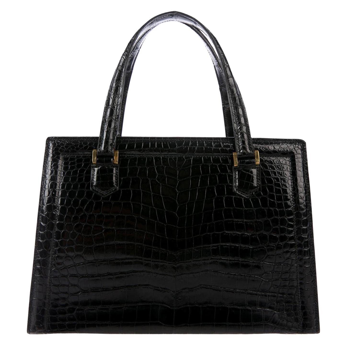 Hermes Black Crocodile Gold Kelly Style Top Handle Satchel Evening Flap Bag