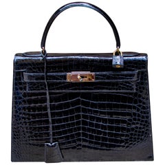 Hermès - Sac à main Kelly en crocodile noir