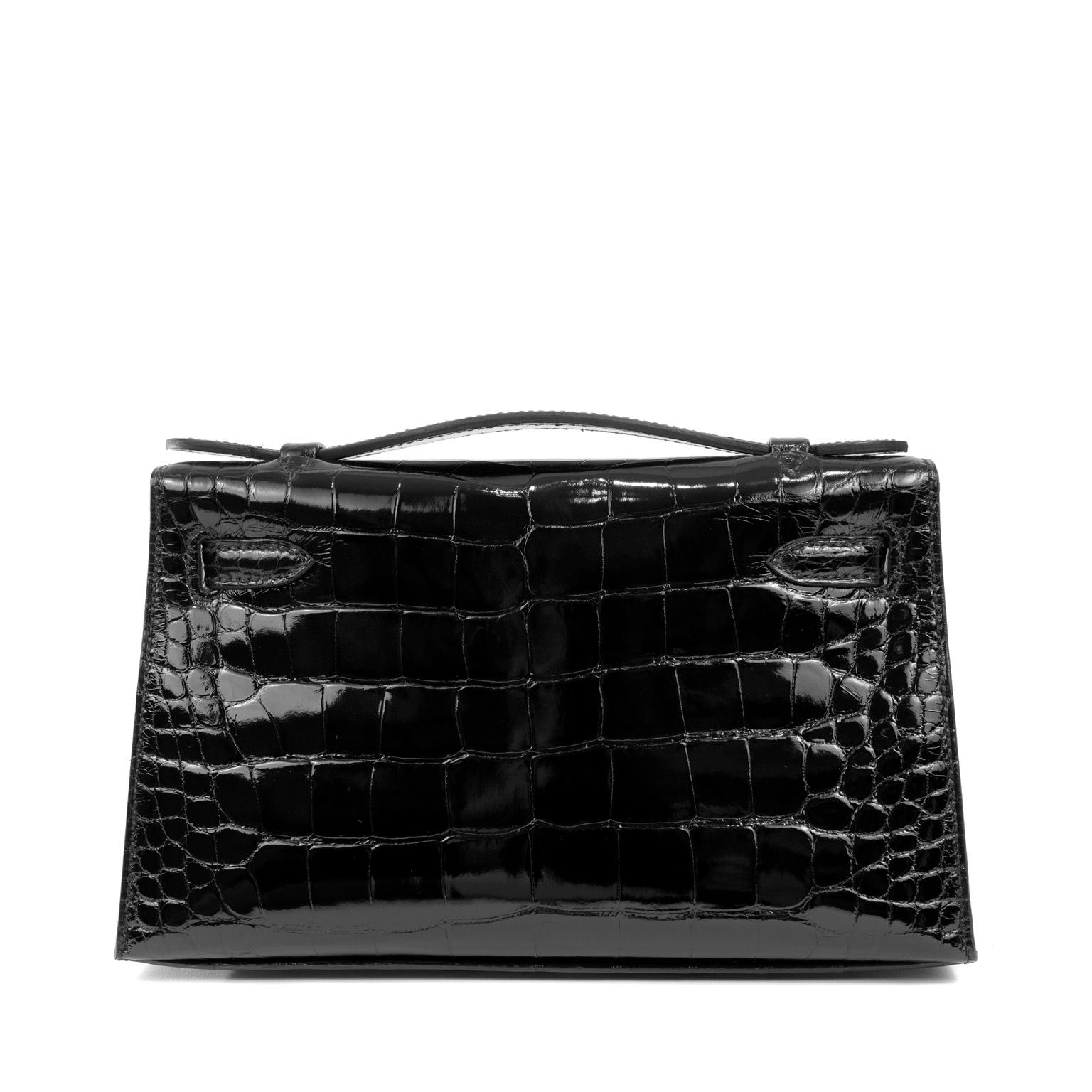 Women's Hermès Black Crocodile Kelly Pochette with Gold Hardware