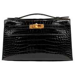 Hermès Black Crocodile Kelly Pochette with Gold Hardware