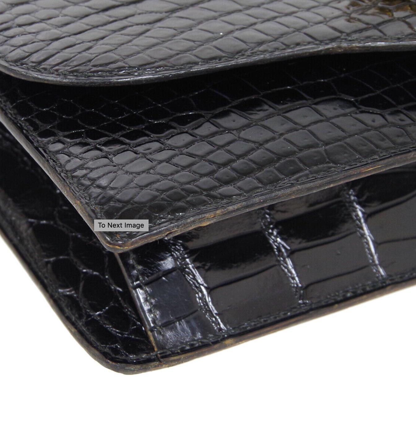 Hermes Black Crocodile Leather Gold Buckle Evening Envelope Clutch Flap Bag 2