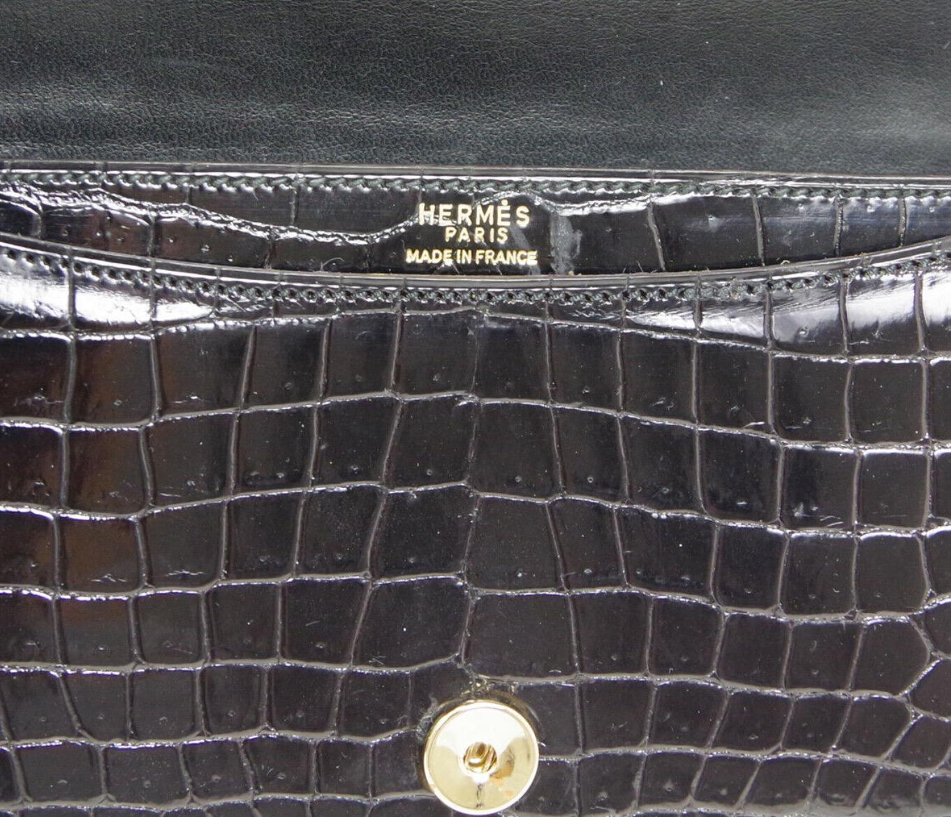 Hermes Black Crocodile Leather Gold Buckle Evening Envelope Clutch Flap Bag 3