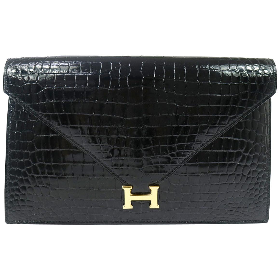 Hermes Black Crocodile Leather Gold 'H" Logo Shoulder Flap Clutch Bag in Box