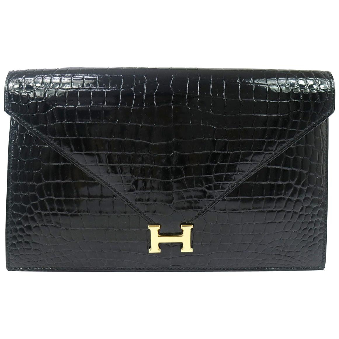 Hermes Black Crocodile Leather Gold 'H" Logo Shoulder Flap Clutch Bag in Box For Sale
