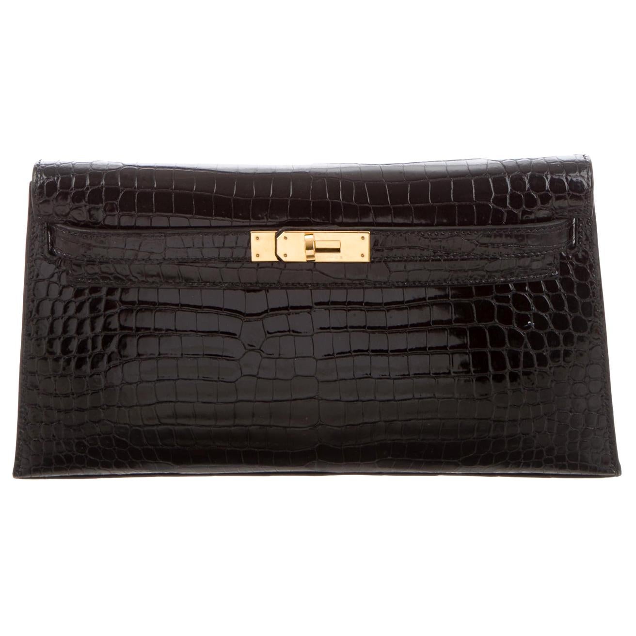 Hermes Black Crocodile Leather Gold Top Handle Satchel Evening Clutch Flap Bag