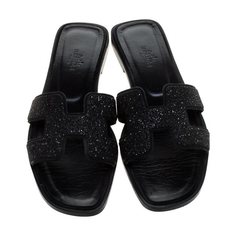 Hermes Black Crystal Embellished Suede Oran Sandals Size 37.5 For Sale ...