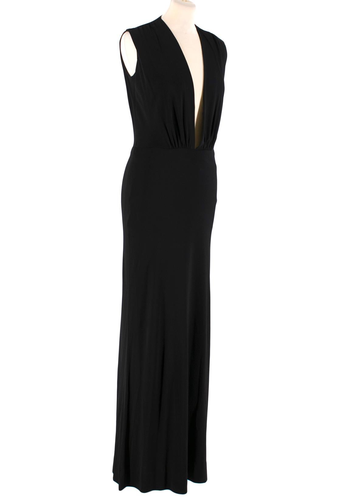 Hermes black dress cut for a elegant long length with a deep v-neck, sleeveless design and a side zip fastening.

- Stretchy fabrics
- Concealed zip fastening
- Belt loops
- Fitted waist

Composition:
- 100% viscose
- Made in France

Please note,