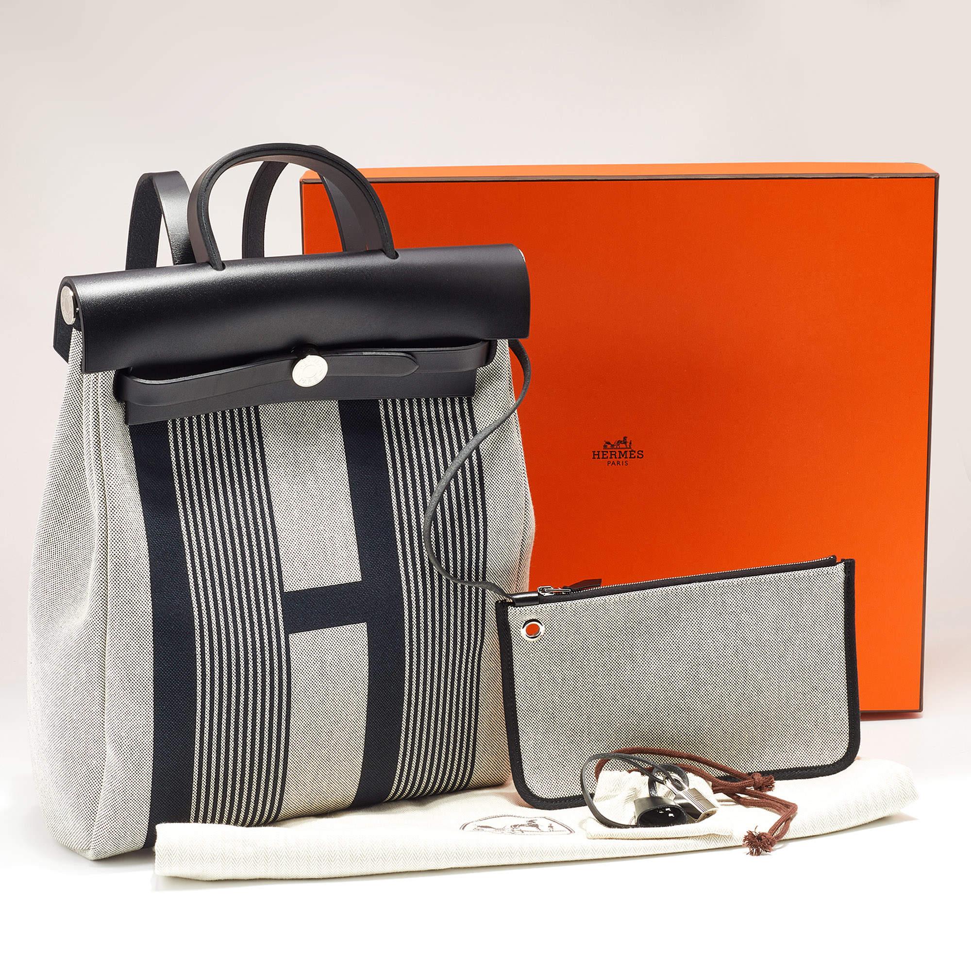 Hermes Black/Ecro H Vibration Toile Canvas and Vache Hunter Leather Herbag Zip B 5