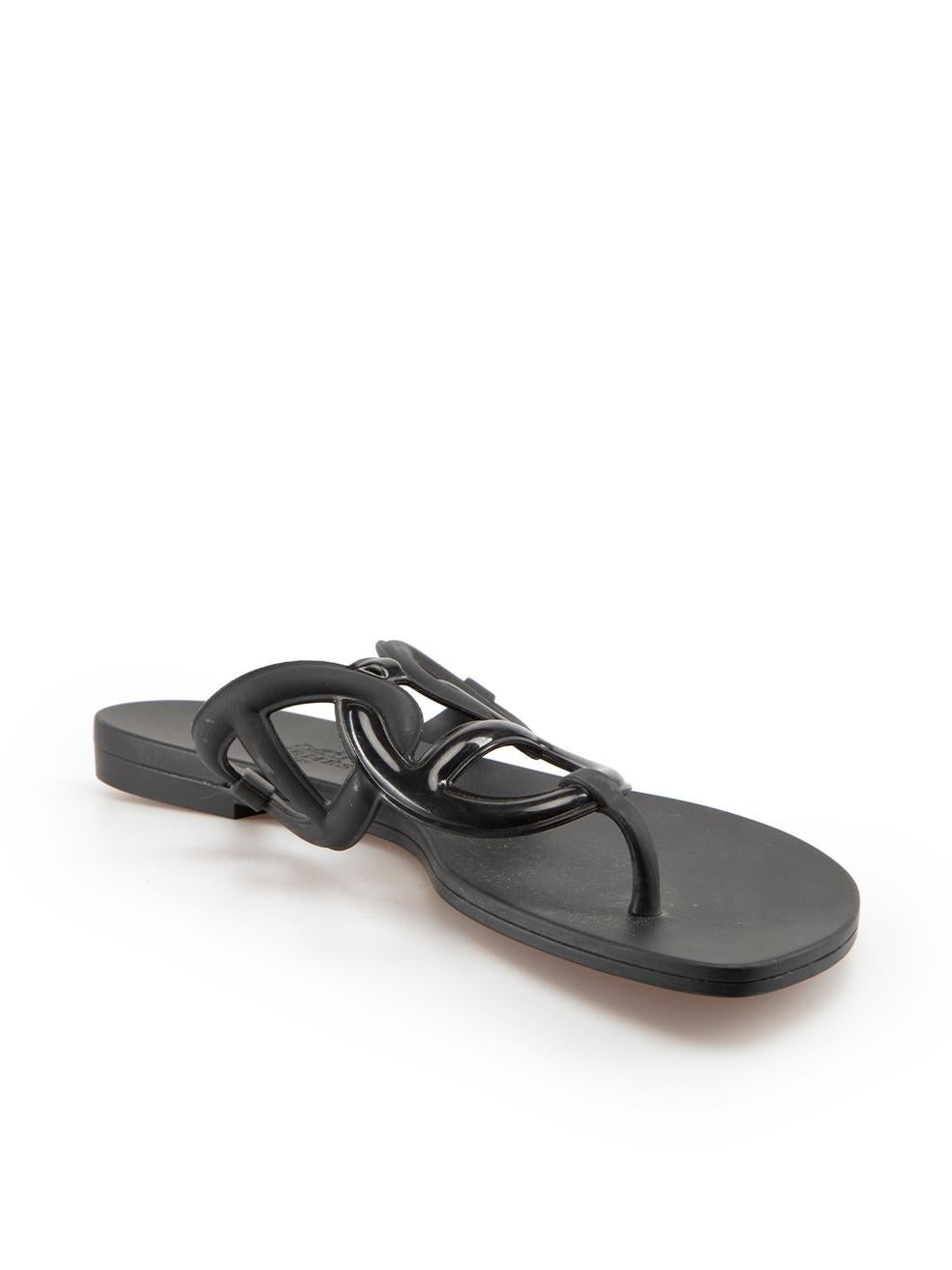 CONDITION is Very good. Minimal wear to sandals is evident. Minimal wear to both shoe thong straps with light abrasions on this used Herm√®s designer resale item. These shoes come with dust bags.
 
Details
Egerie Jelly
Black
Rubber
Thong