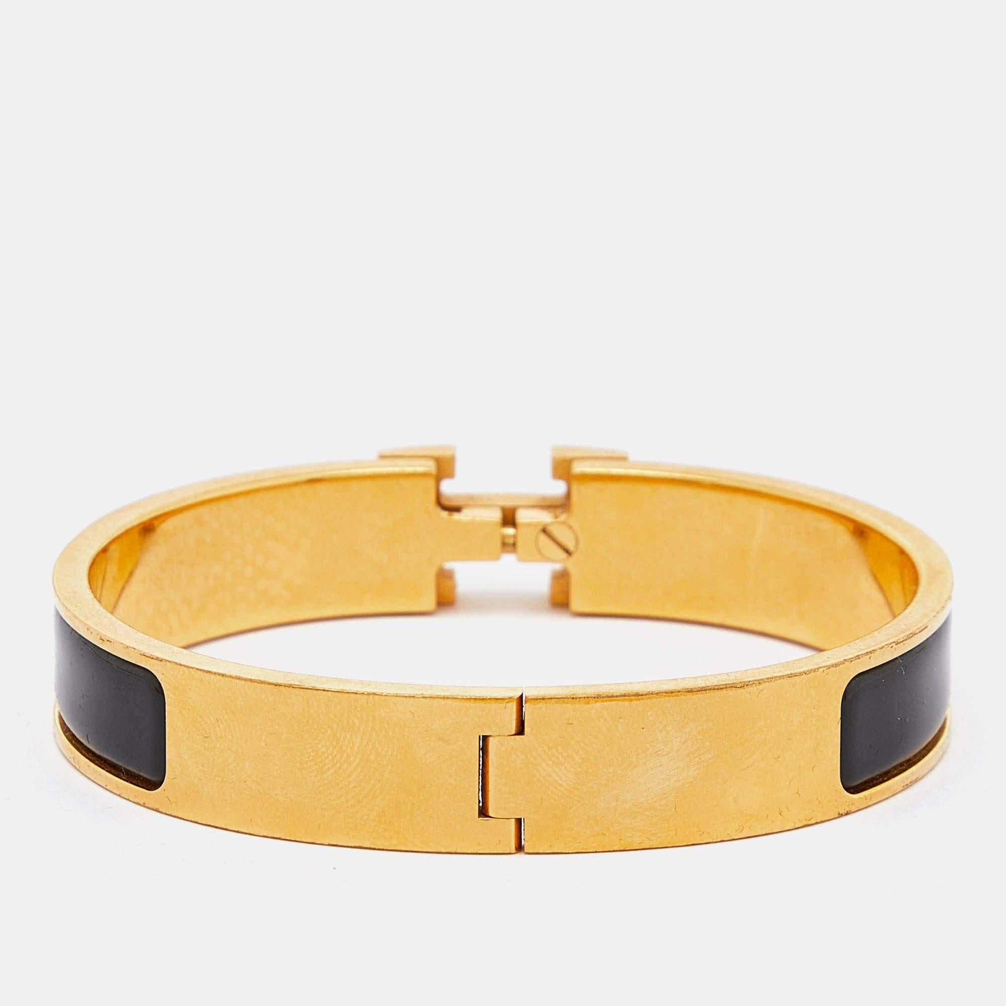 Hermes Black Enamel Gold Plated Clic H Bracelet In Good Condition In Dubai, Al Qouz 2