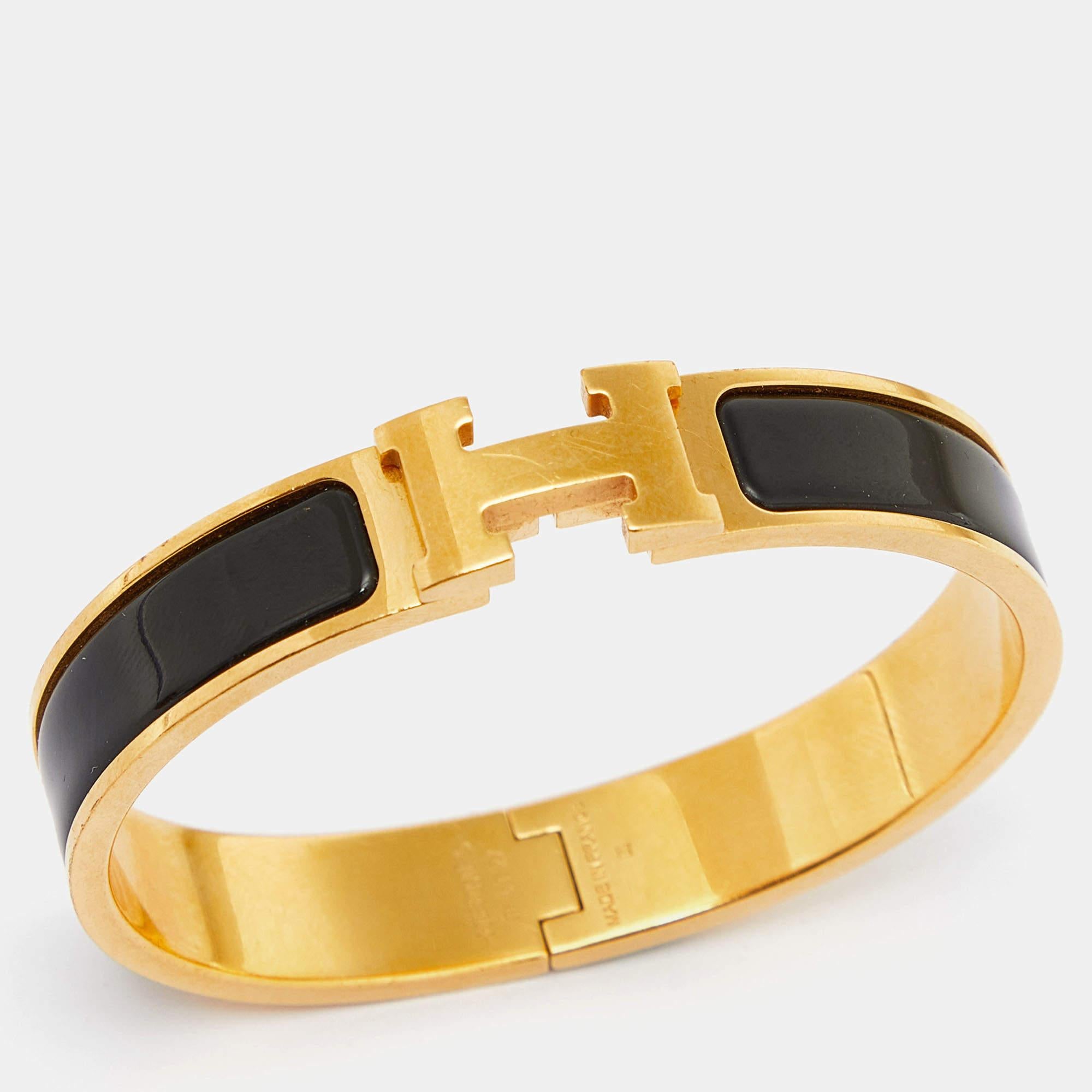 Women's Hermes Black Enamel Gold Plated Clic H Bracelet