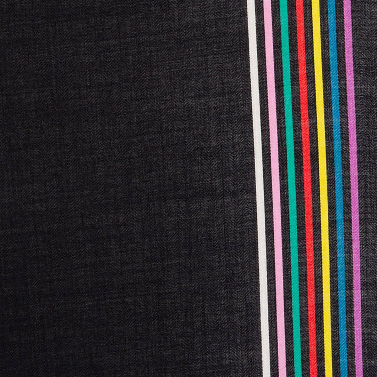 100% authentic Hermes 'Encadre Liste au Fil 140' shawl in black cashmere (70%) and silk (30%) with white H and multicolor border. Has been carried and is in excellent condition.

Measurements
Width	140cm (54.6in)
Length	140cm (54.6in)

All our