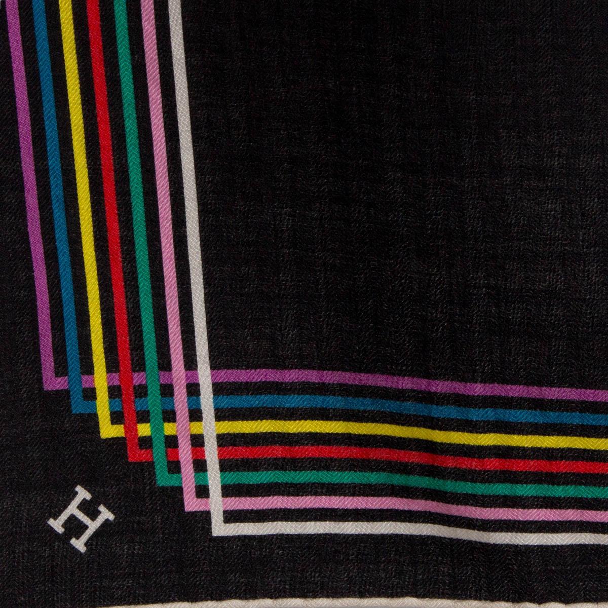 Black Hermes black ENCADRE LISTE AU FIL 140 Scarf silk cashmere Noir Blanc Rose Claire