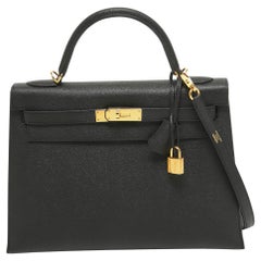 Hermes Kelly Sellier 32 Tasche aus schwarzem Epsomleder mit Goldbeschlägen