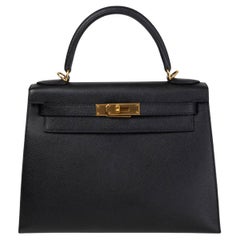 HERMES black Epsom leather KELLY 28 SELLIER Bag w Gold