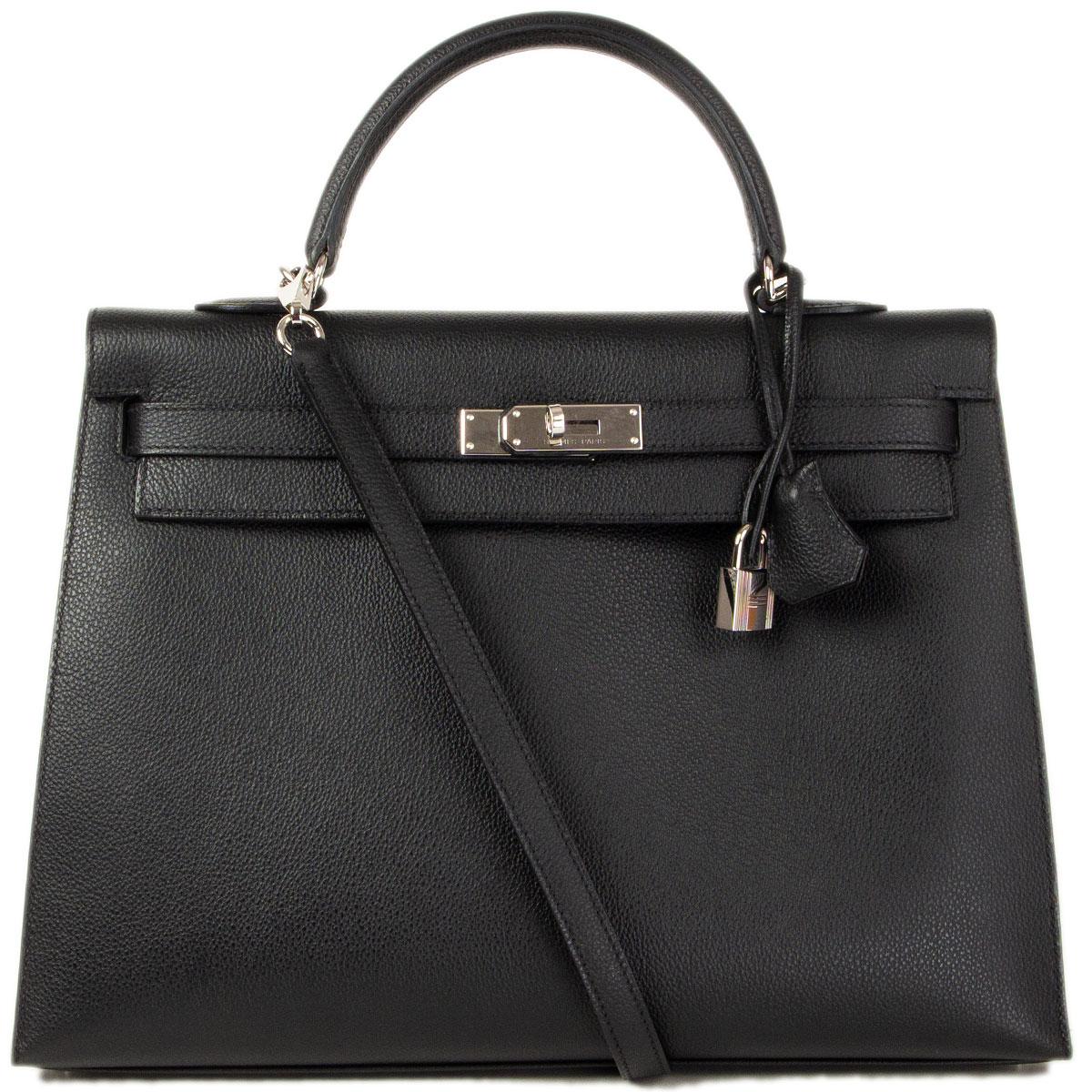 HERMES black Evercalf leather KELLY 35 SELLIER Bag Palladium In Excellent Condition In Zürich, CH