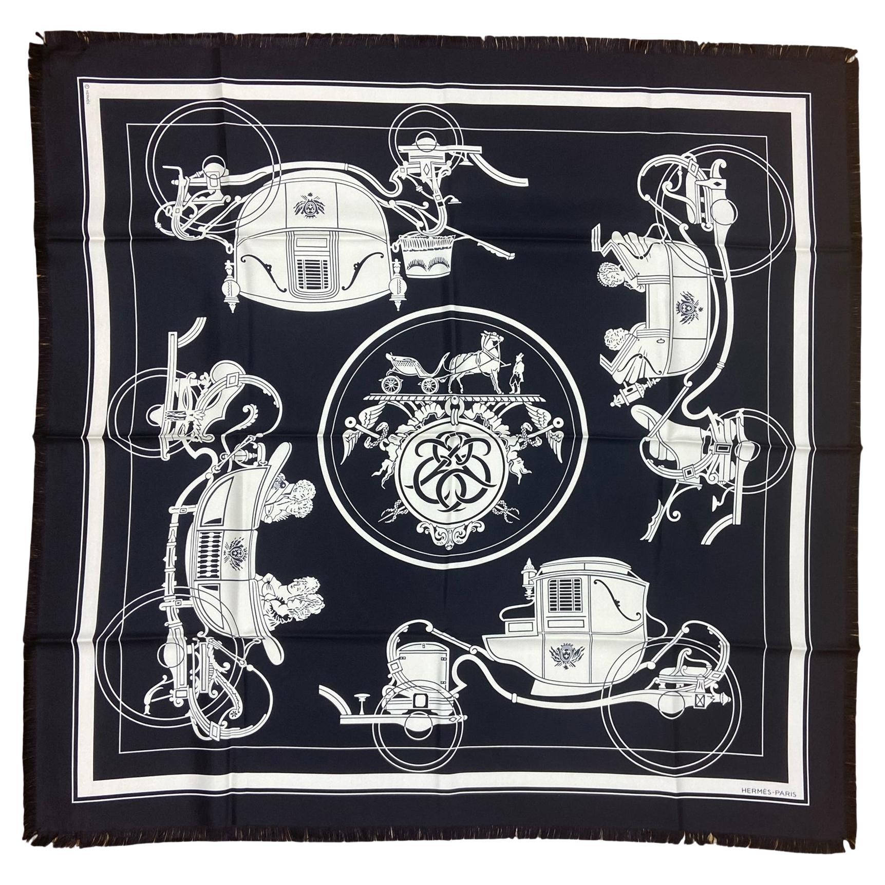 Hermes Black Ex-Libris Fringed 80cm Silk Scarf For Sale