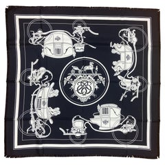 Hermes Black Ex-Libris Fringed 80cm Silk Scarf