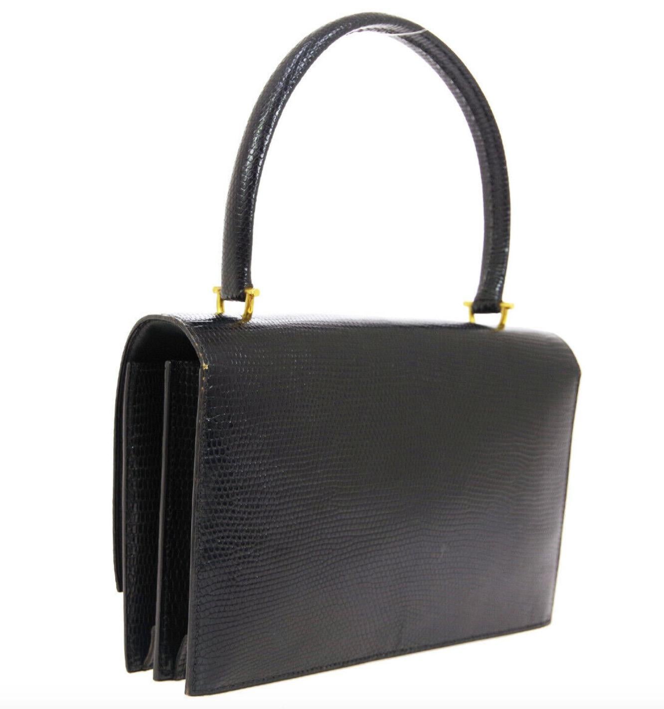 Hermes Black Exotic Lizard Gold Evening Kelly Style Top Handle Satchel Bag In Good Condition In Chicago, IL