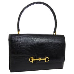 Hermes Black Exotic Lizard Gold Evening Kelly Style Top Handle Satchel Bag