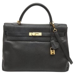 Hermes Black Fjord Leather Gold Finish Kelly Retourne 35 Bag