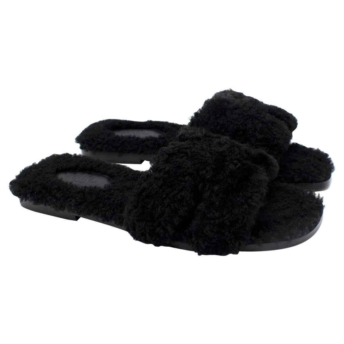 Hermes Black Fluffy Shearling Oran Sandal - Discontinued/Rare - Us size 9.5
