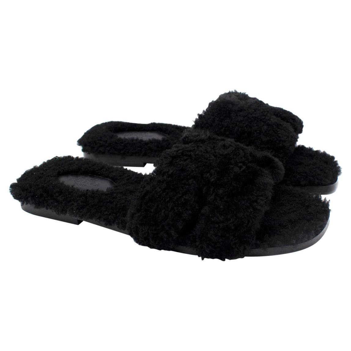 Hermes Black Fluffy Shearling Oran Sandals - Discontinued/Rare - Us size 7.5