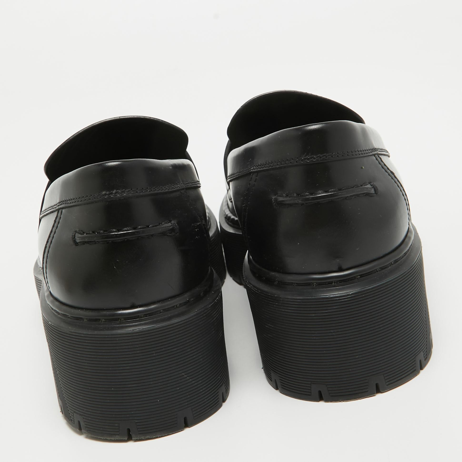 Hermes Black Glazed Leather Hitch Loafers Size 38.5 2