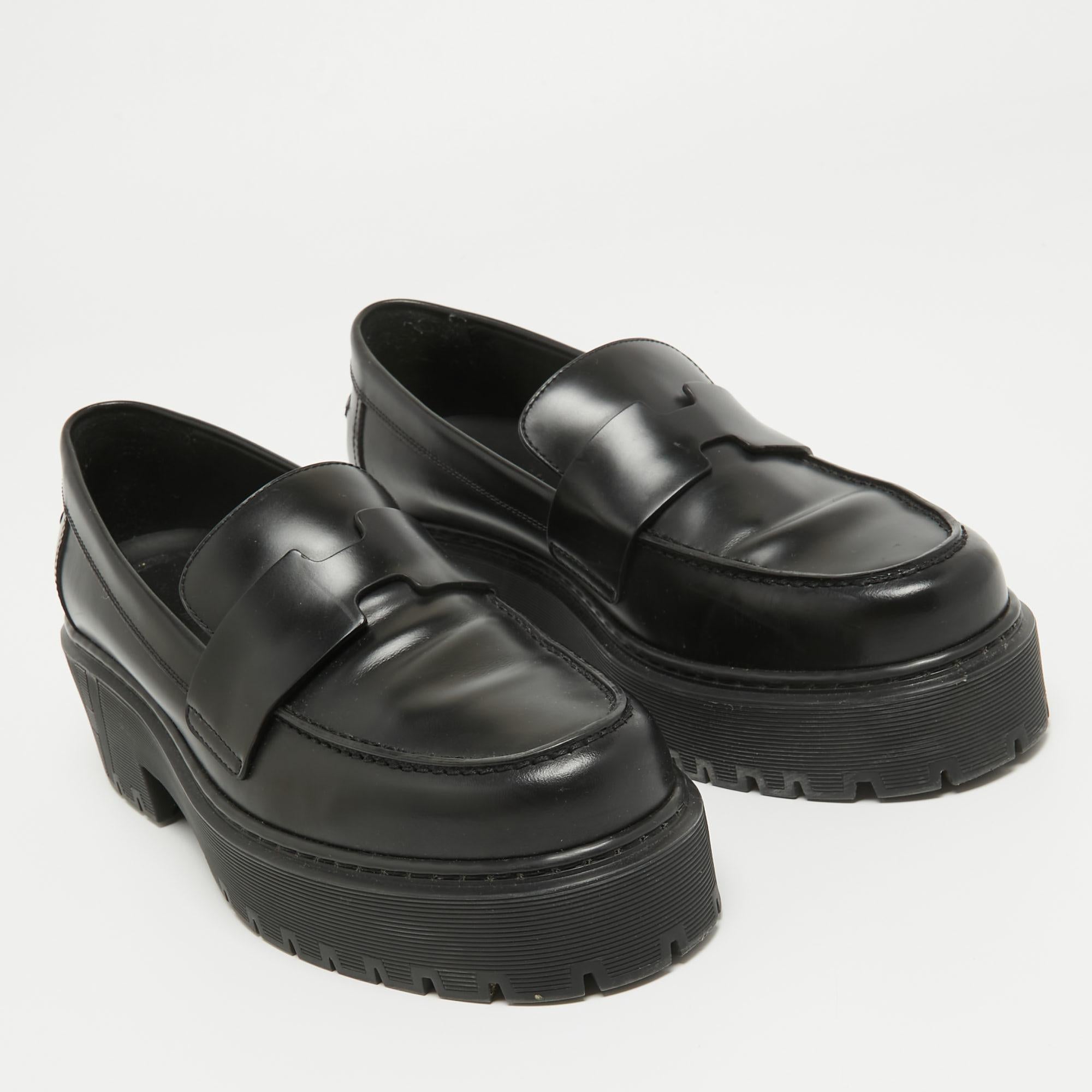 Hermes Black Glazed Leather Hitch Loafers Size 38.5 3