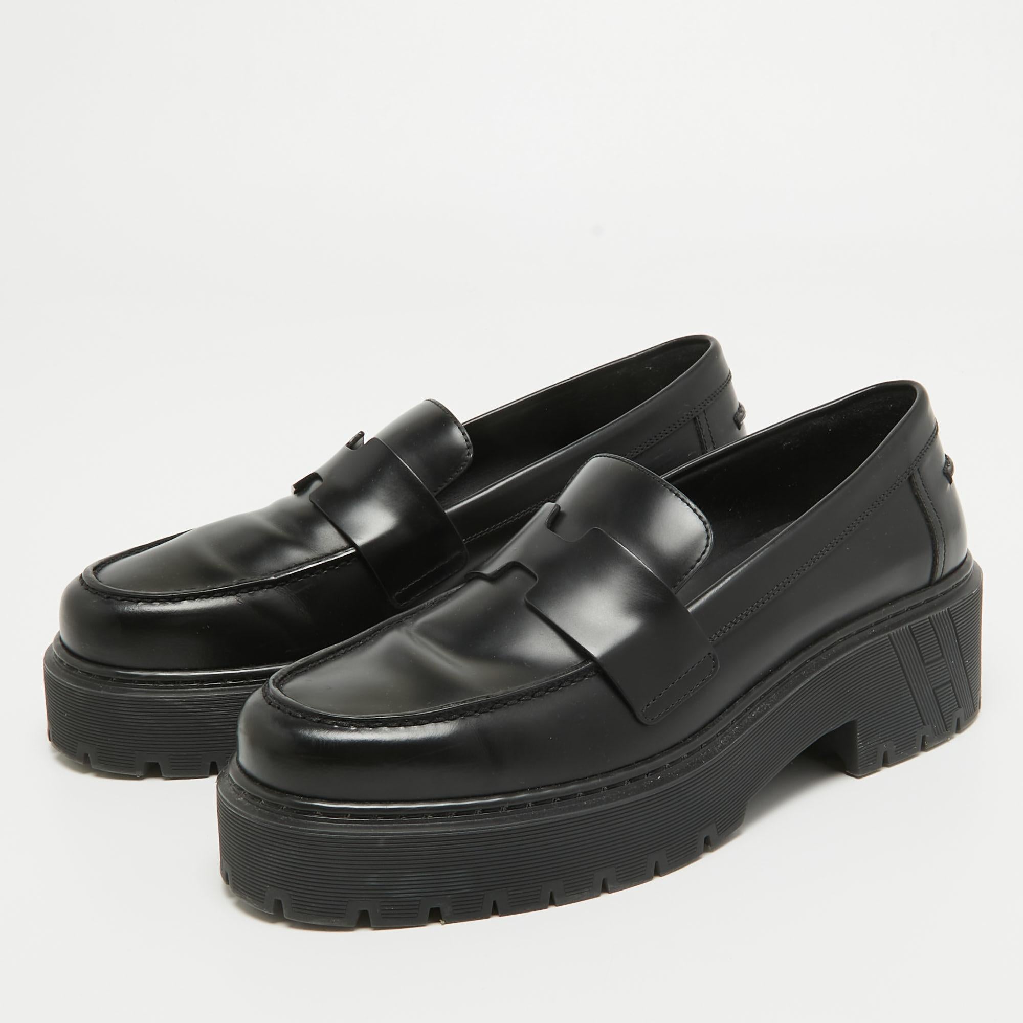 Hermes Black Glazed Leather Hitch Loafers Size 38.5 4