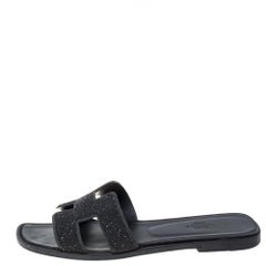 Hermes Black Glitter Oran Flat Slides Size 39