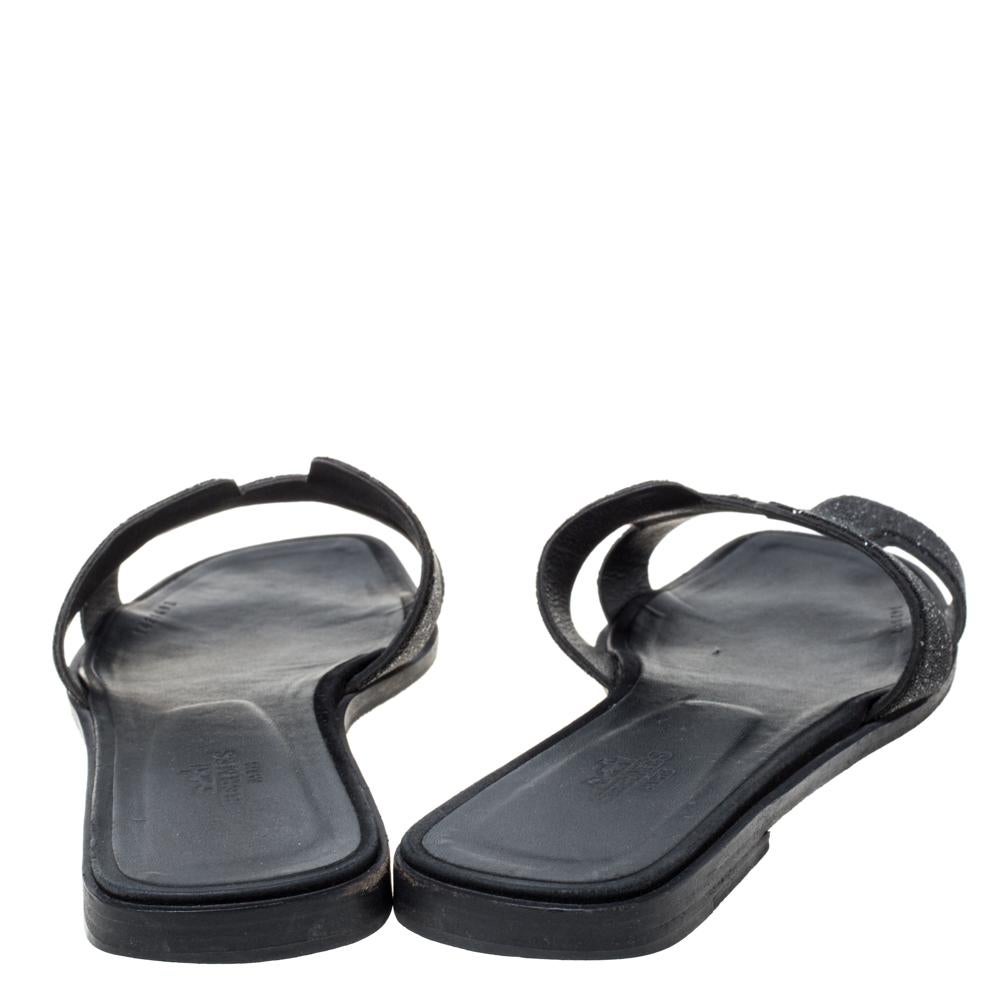 Hermes Sandalias Planas Oran Negro Purpurina Talla 39 3