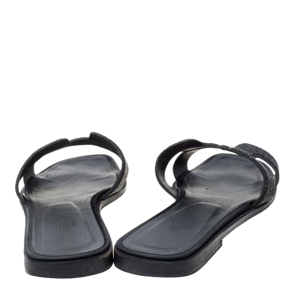 Women's Hermes Black Glitter Oran Flat Slides Size 39