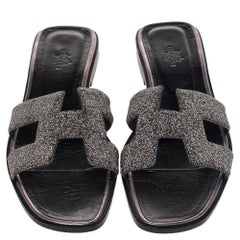 Hermes Black Glitter Oran Sandals Size 40