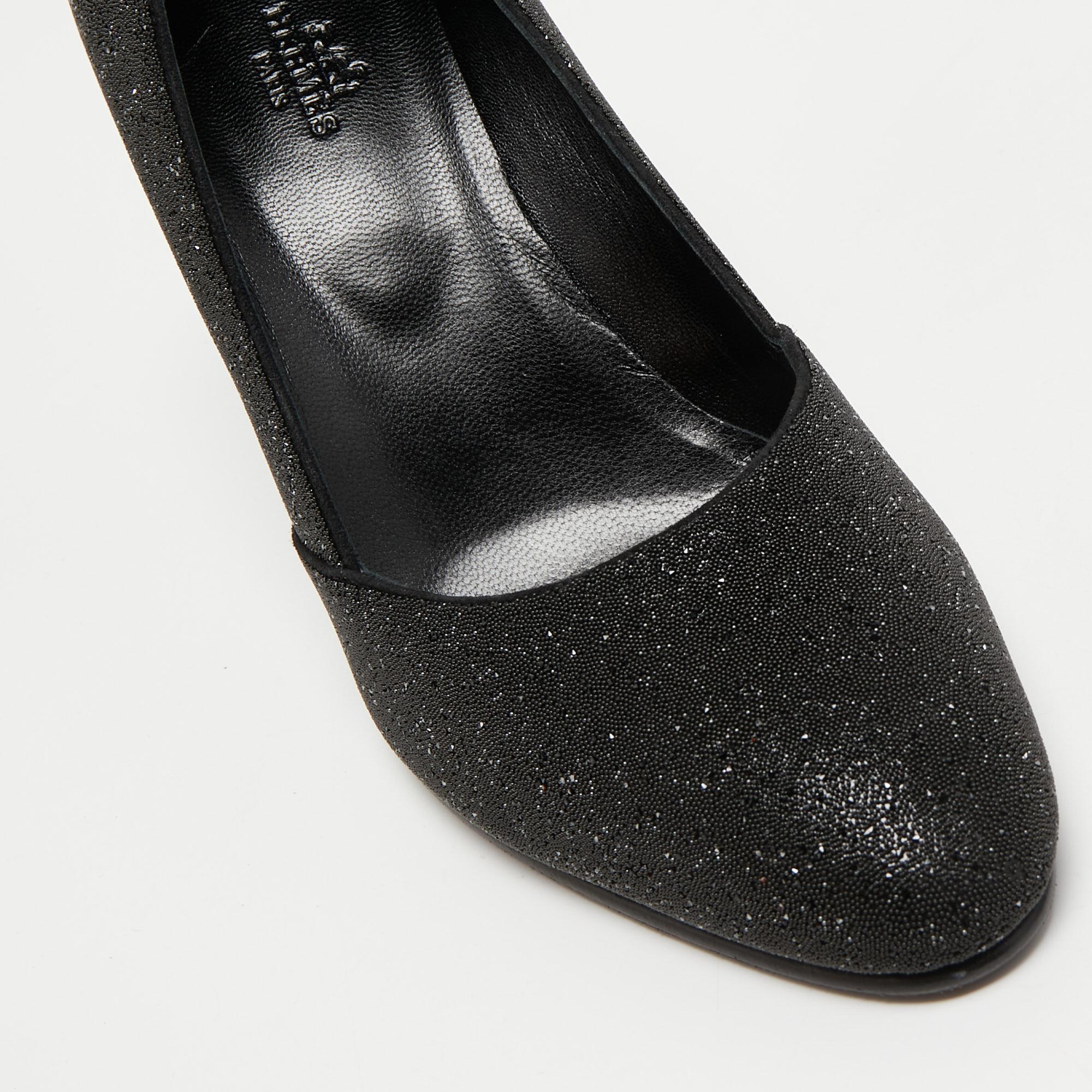 Hermes Black Glitter Round Toe Pumps Size 39.5 1