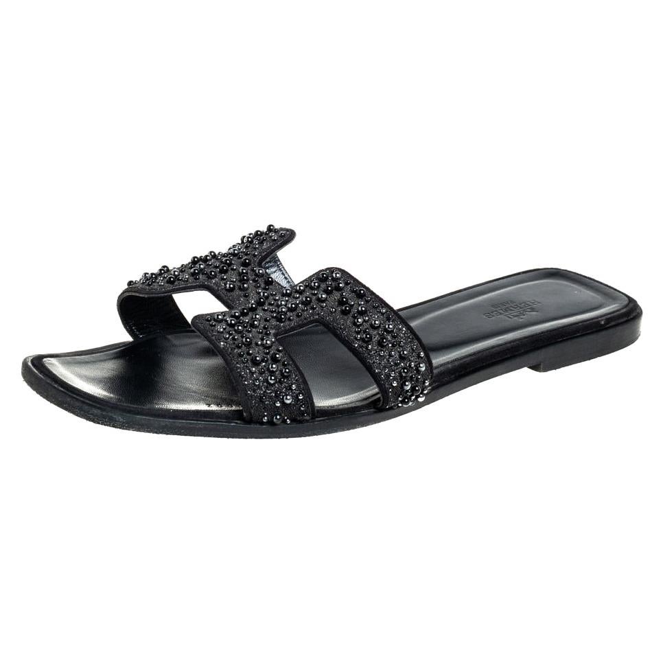 Hermes Black Glitter Suede Embellished Oran Flat Slides Size 40