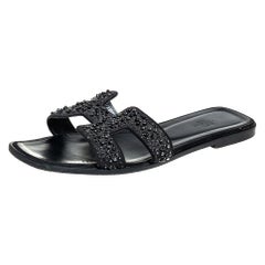 Hermes Black Glitter Suede Embellished Oran Flat Slides Size 40