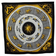 Hermes black gold ASTROLOGIE 90 Scarf silk Noir Blanc Or