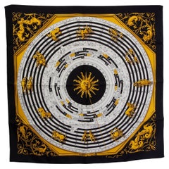 Hermes black gold ASTROLOGIE 90 Scarf silk Noir Blanc Or