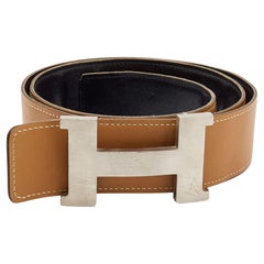 Hermes Black/Gold Box Calf and Swift Leather H Buckle Reversible Belt 90CM