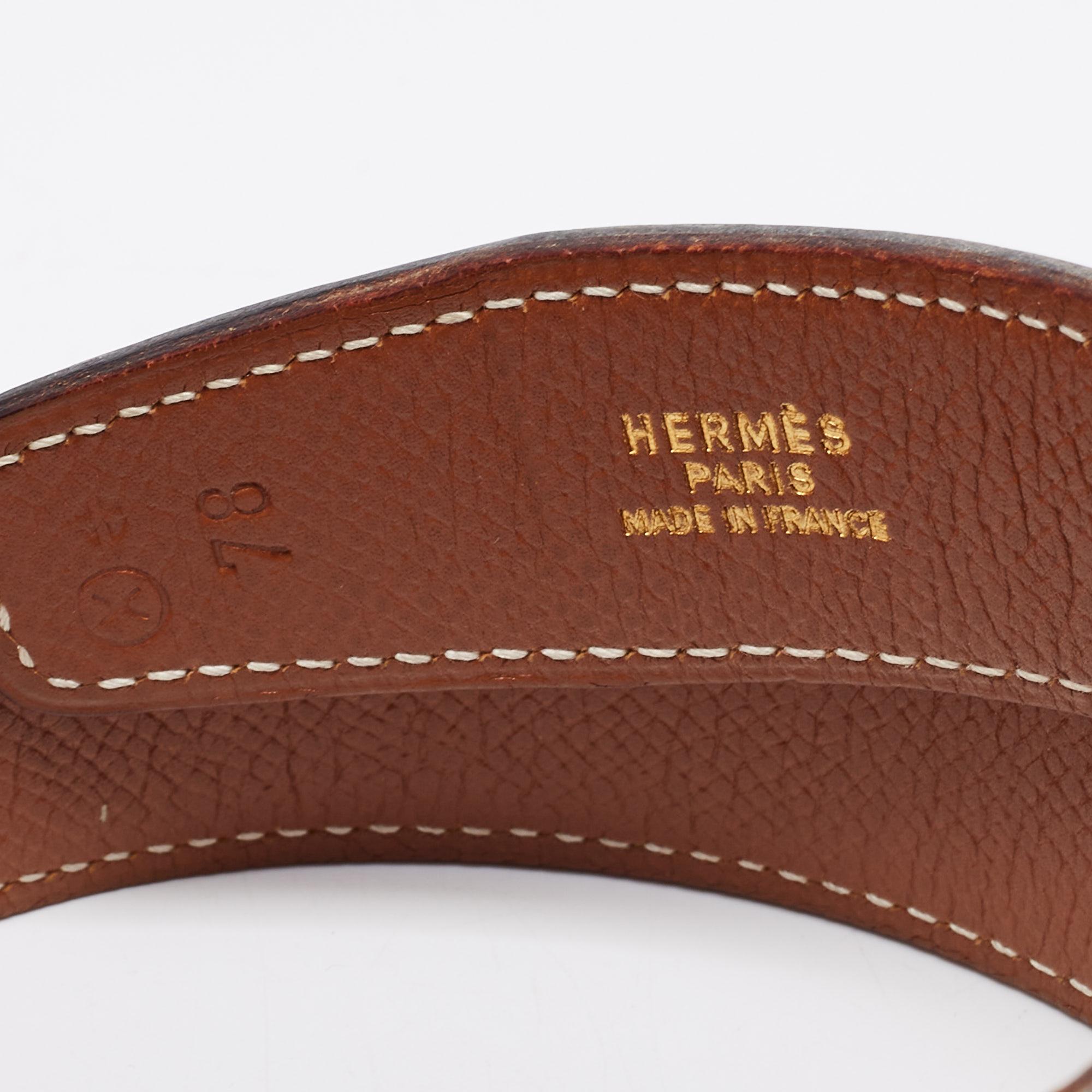 Women's Hermes Black/Gold Courchevel and Box Leather H Hippique Reversible Belt 78CM