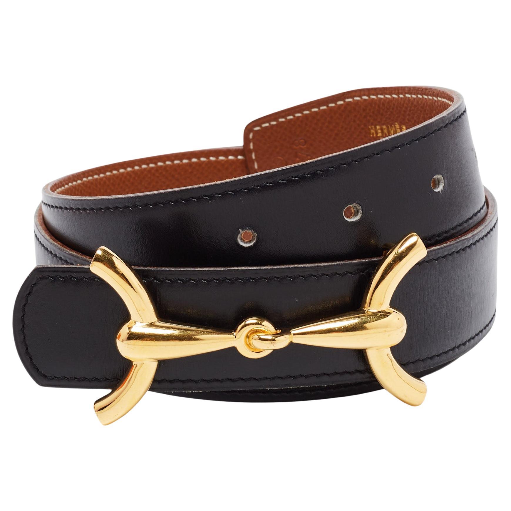 Hermes Black/Gold Courchevel and Box Leather H Hippique Reversible Belt 78CM